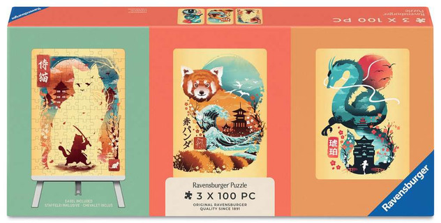 Puzzle Chat, Panda Roux et Dragon Ukyio-E 3 x 100 pièces